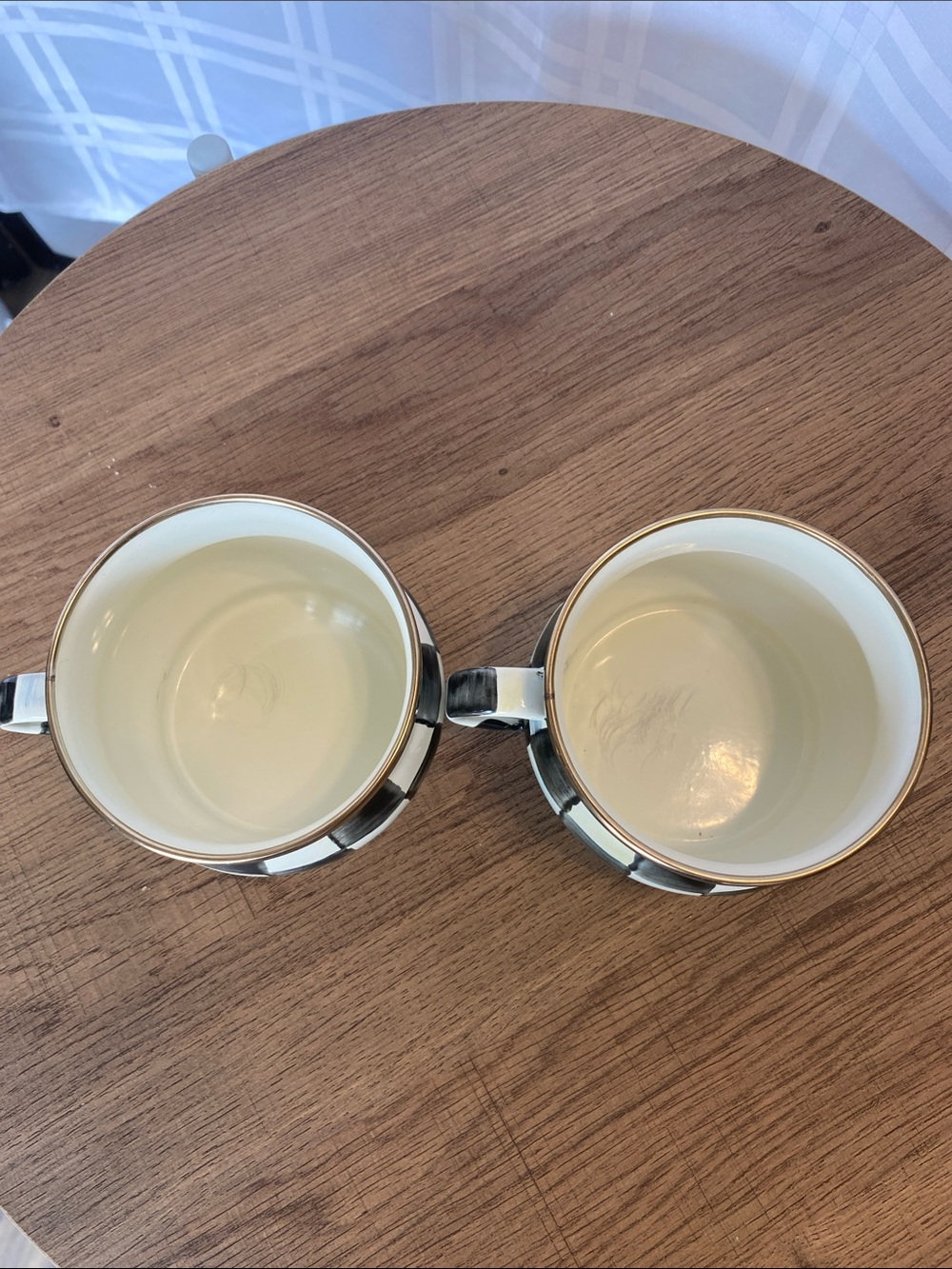 MacKenzie Childs Courtly Checkerboard Enamel Mugs Set of Two Black & Cream - Picture 3 of 5